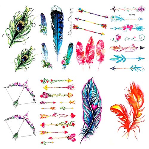 8 Pieces Small Cute Wrist Women Peacock Green Blue Pink Red Feather Rainbow Arrow Temporary Tattoo