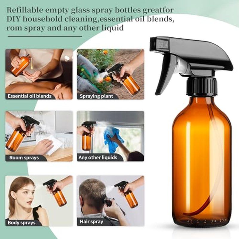 8oz Amber Glass Spray Bottles - 3 Pack with Adjustable Nozzles