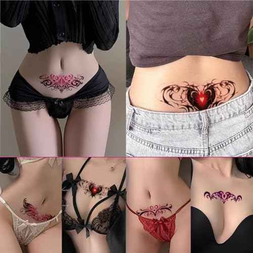24 Sheets Sexy Belly Temporary Tattoos Black Red Heart Navel Waterproof Tattoo Stickers Bust Stomach Waist Back Fake Body Tattoos for Women Girls