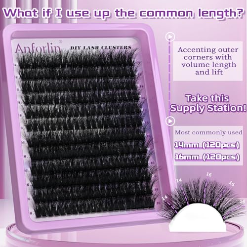 Lash Clusters 14-16mm Cluster Lashes Eyelash Extension 100D Thick Volume Eyelash Clusters 240 pcs D Curly Individual Lashes Wispy Lash Extension Supplement Pack DIY at Home by Anforlin