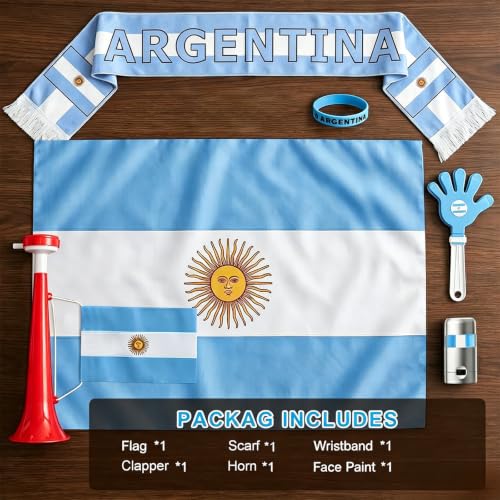 Argentina Soccer Fan Party Supplies Set with Flag, Horn, Scarf & Clapper
