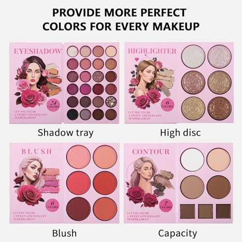 RoseFlower 24 Color Eyeshadow Palette with Blush & Highlighter