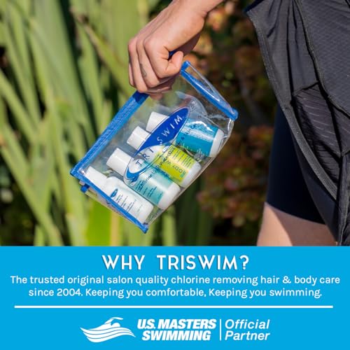 TRISWIM Shot Set in Travel Bag | 2oz Travel Size Chlorine Removal Shampoo, Swimmer¡¯s Conditioner, Swim Body Wash and Lotion | Removes Chlorine, Bromine, Hard Water Minerals & Saltwater and odors