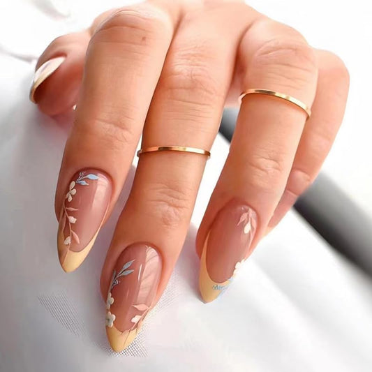 QIUYUEMIN Press On Nails Almond Stiletto Nail Tips French Tip Light Yellow Leaf Designs Medium Length Acrylic Fake Nails With Glue 24Pcs