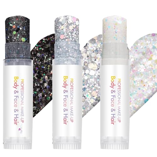 3Pc Waterproof Face Glitter Stick Set - Silver & Black