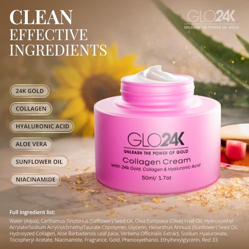 GLO24K Moisturizer Face Cream with 24K Gold, Vitamins ? Collagen Retinol Hyaluronic Acid ? Hyaluron Acid Cream for Hydration & Overnight Skin Renewal, Night Cream