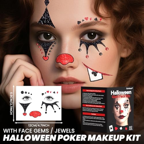 Cerlaza Halloween Decorations, Clown Face Makeup Temporary Tattoos+Black Red Faces Gems, Glitter Clown Face Paint Kit Halloween Costumes Rave Party Favors, Festival Cosplay Outfits Accessories