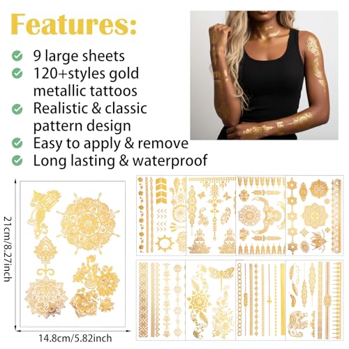 Gold Temporary Tattoo Stickers - 9 Sheet Set for Women