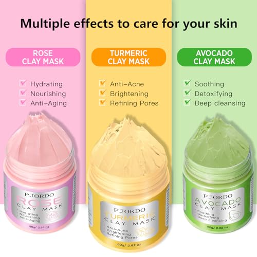 Pjordo Clay Mask Kit, Turmeric Vitamin C Clay Mask, Avocado Clay Mask, Rose Clay Mask, Facial Mask Skin Care Set for Deep Cleansing Reduce Blackheads Dark Spots, Perfect Gifts, 2.82 Oz Each