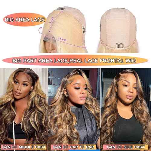 Highlight Lace Front Wigs Human Hair Body Wave 13x4 HD 4/27 Ombre Highlight Lace Front Wig Human Hair Wear and Go Glueless Wig Pre Plucked With Baby Hair 20 Inch HD Lace Frontal Wigs For Black Women