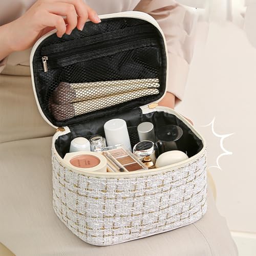 Tweed Cosmetic Travel Bag Large Capacity Makeup Case White
