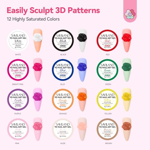 SAVILAND 12-Color Non-Sticky 3D Nail Sculpting Gel Set with Carving Pen