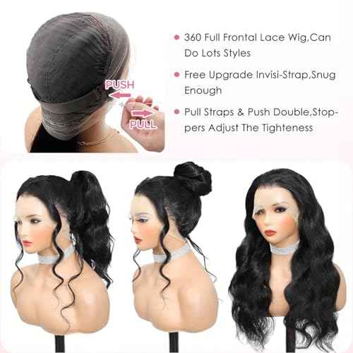 360 Lace Front Wigs Human Hair 220% Density Hidden Straps Body Wave HD Lace Front Wigs with Drawstring 360 Full Lace Wigs Brazilian Virgin Human Hair Wig for Women Natural Black 22Inch