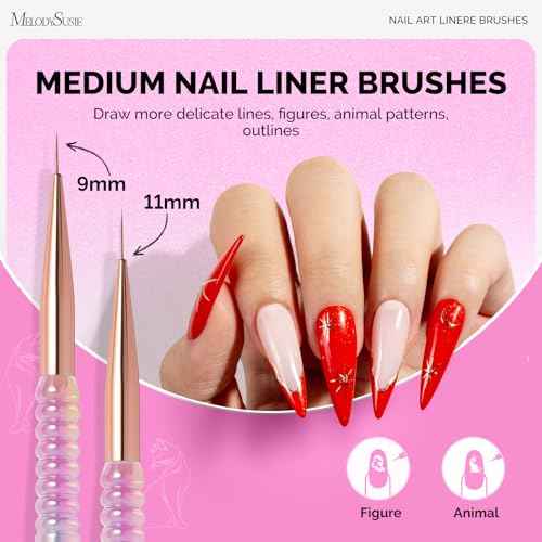 MelodySusie 5Pcs Nail Art Liner Brushes with Nail Brush Holder, Professional Gel Polish Painting Art Design Pen for Thin Long Lines, Tiny Details, Fine Drawing, Delicate Coloring Sizes 5/7/9/11/20mm
