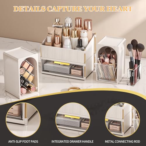 Makeup Organizer for Vanity with Brush Holder, Large Bathroom Countertop Cosmetic Organizer Skin Care Storage, Easy to Store Lipsticks, Nail Polishes, Perfumes (White+Transparent)
