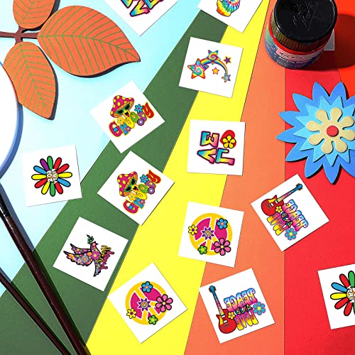 Chinco 144 Pcs Hippie Temporary Tattoo Stickers 70s 80s 90s Party Favor Groovy Hippie Tattoos Waterproof Hippie Face Tattoos Love and Peace Sign Temporary Tattoos Decals for Tie Dye Hippie Party Favor