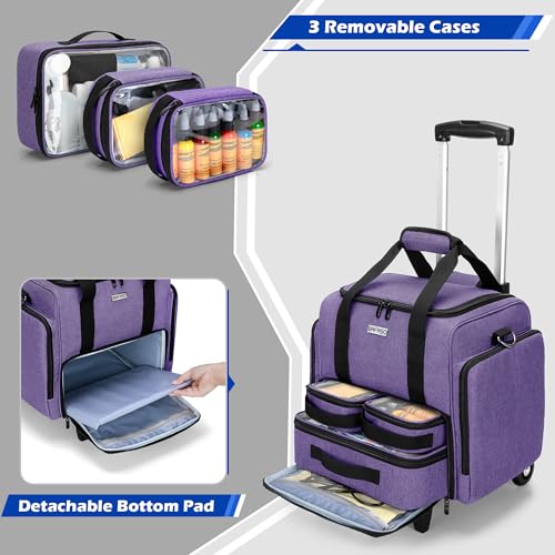 BAFASO Rolling Tattoo Case with 3 Removable Pouches and Detachable Dolly, Tattoo Travel Case for Stencil Printer and Supplies (Patented), Purple