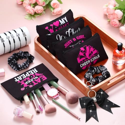 Mimorou 80 Pcs Cheer Gift Bulk for Team Cheerleader Gifts Include 20 Cheerleader Bracelet 20 Cheer Makeup Bag 20 Keychain 20 Scrunchies for Cheerleading Party Favors