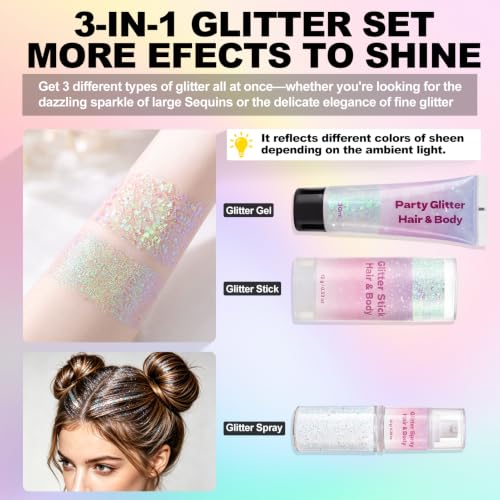 3-in-1 Body Glitter Set - Gel, Stick & Spray, Waterproof