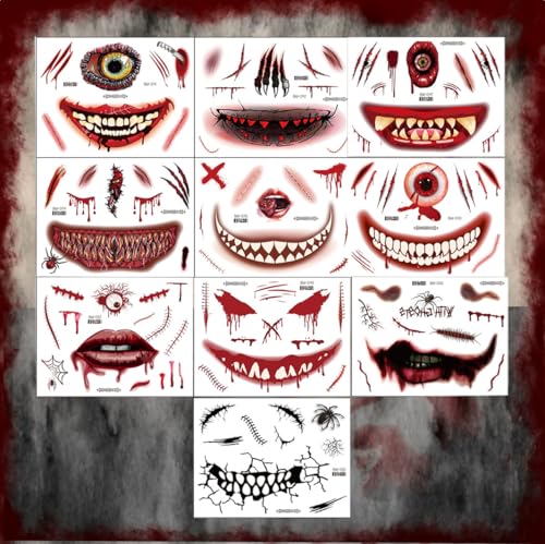 Halloween Temporary Tattoos, 10 Sheets Zombie Makeup Kit