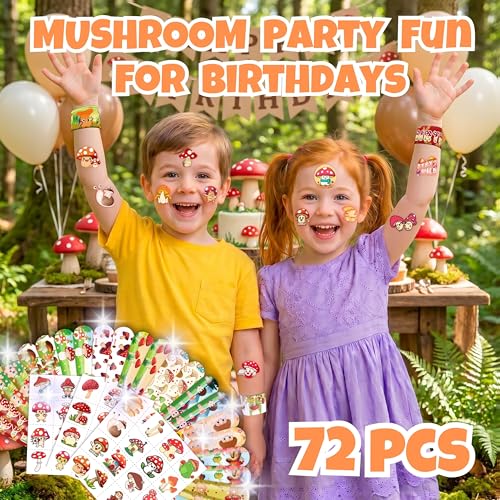 Mushroom Party Favors Set – 48 Tattoos & 24 Slap Bracelets