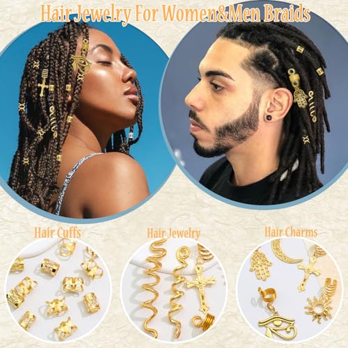 VENOFEN 27PCS Gold Hair Jewelry for Braids Loc Jewelry Cross Braid Clips Multi Style Loc Dreadlock Beads Sprial Hair Decoration Metal Hair Cuffs Rings Braid Accessories for Women and Men