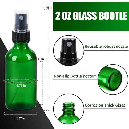 2 oz Glass Spray Bottles, Reusable Fine Mist Sprayer Small Spray Bottle, Leak-Proof Design, Perfect for Travel, Skin Care, Perfumes, Botanical, Cleansing (Green, 2oz-12pcs)