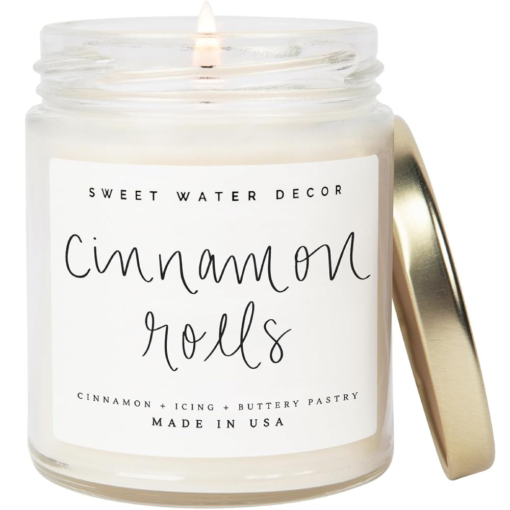 Sweet Water Decor Cinnamon Roll Candle | Cinnamon, Icing, Buttery Pastry Fall Scented Candles for Home | 9oz Clear Jar, 40 Hour Burn Time | Non-Toxic | Made in the USA