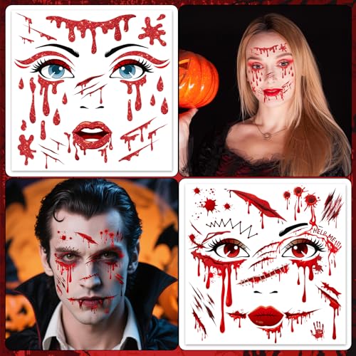 HOWAF Halloween Face Tattoos - 4 Sheets Bloody Scars for Vampire Costume