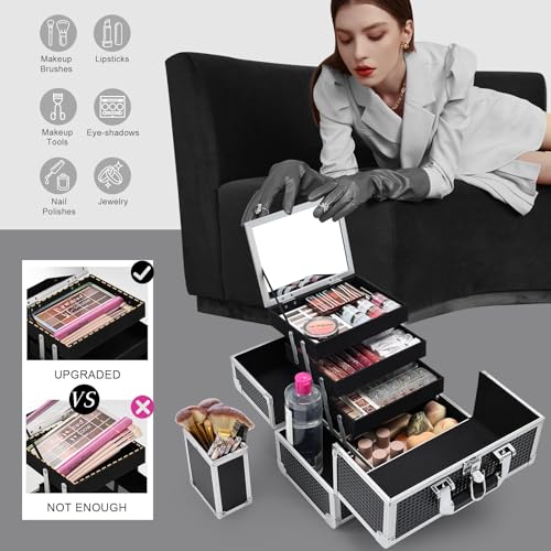 Joligrace 3-Tray Makeup Case with Mirror & Brush Holder