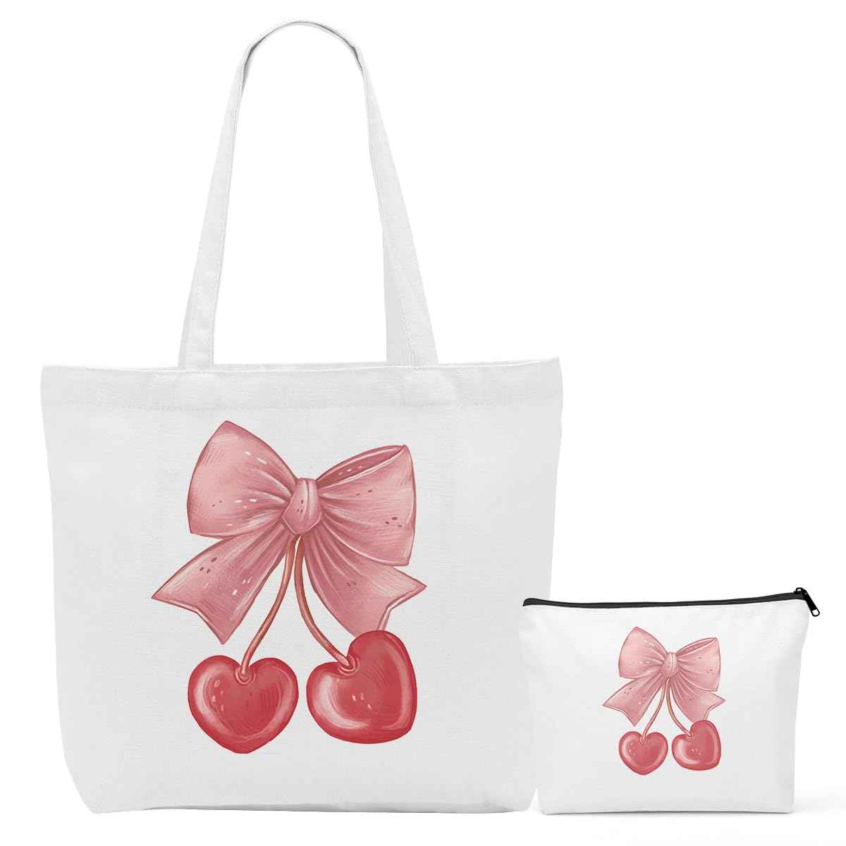 Aesthetic Bow Cherry Canvas Tote Bag Beach Tote Bag for Women with inner Pocket, Cute Bow Lovers Gift for Women Girls Bestie Sister Birthday Christmas Reusable Shopping Grocery Bags with Makeup Bags
