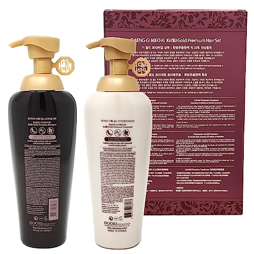 Daeng Gi Meo Ri- Ki Gold Premium Shampoo + Treatment Set, Promoting Hair Growth, Effectively Moisture to Dry and Rough Hair, No Artificial Color, 500ml