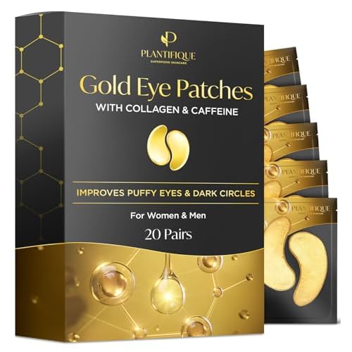 PLANTIFIQUE V-Line Collagen Mask for face 10 PCS Chin Strap for Double Chin Women & Men and Gold Under Eye Patches for Puffy Eyes and Dark Circles 20 Pairs Under Eye Masks for Dark Circles