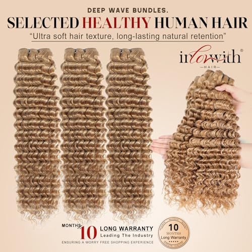 inlovwith Honey Blonde Deep Wave Human Hair Bundles, Selected Healthy Deep Curly Bundles Human Hair 27# Colored Brazilian Virgin Hair Wet and Wavy (Single Bundle, 20 Inches)