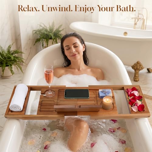 Foldable Acacia Wood Bathtub Tray, Extendable Bath Caddy 29.5"-42.5"