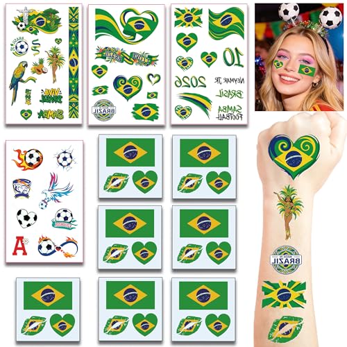 Brazil Flag Temporary Tattoos - 11 Sheets Waterproof