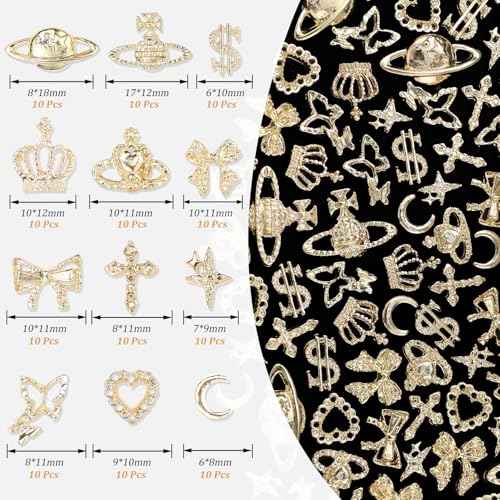 120 Pcs 12Styles 3D Gold Alloy Nail Charms Kit, Dollar Crown Butterfly Metal Nail Charms, Shiny Bows Planet Cross Heart Nail Charms Moon Star Charms for Nail DIY Decor
