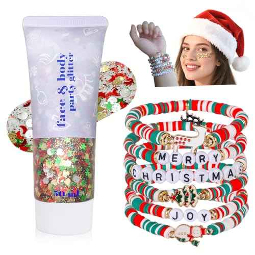 Go Ho Christmas Glitter Gel and Bracelets Kit, 6PCS Red White Green Beaded Bracelets with Face Glitter Makeup for Body & Hair, Fun Christmas Gifts for Women and Teens