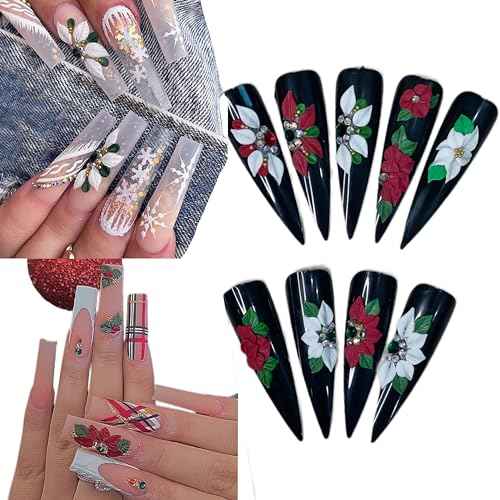3D Acrylic Christmas Flower Nail Art Charms Handmade by Acrylic Powder - 24pcs Noel Flowers Nail Rhinestones Kit 3D Nails Design Xmas Nail Art for Women (Christmas Flowers 2-Medium & Long Size)