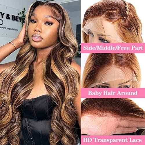 Honey Blonde Lace Front Wig Human Hair 13x4 HD Transparent 4/27 Highlight Ombre Lace Front Wigs Human Hair Pre Plucked With Baby Hair 180% Density Glueless Wig 18 Inch