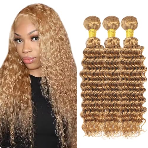 27 Honey Blonde Deep Wave Hair Bundles - 3 Unprocessed 28 Inch