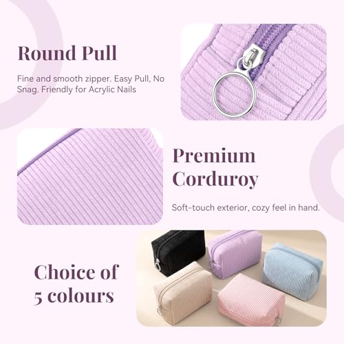 MAGEFY Corduroy Makeup Bag - Small Purple Travel Cosmetic Pouch with Zipper
