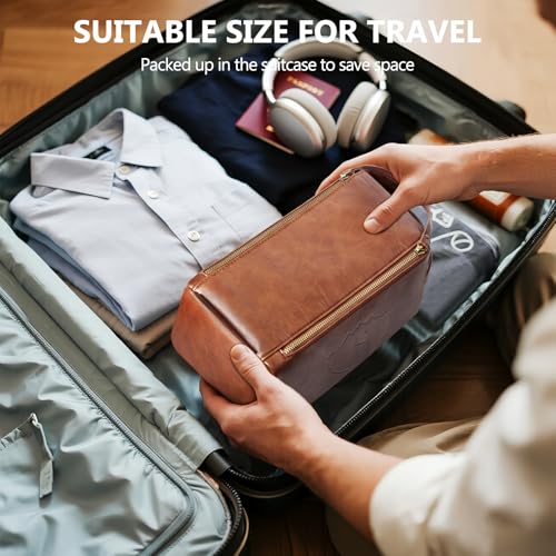 Personalized Toiletry Bag for Men,Initial Mens Toiletry Bags for Traveling,Men Travel Toiletries Bag,PU Leather Shaving Bag for Toiletries Accessories kit,Brown S