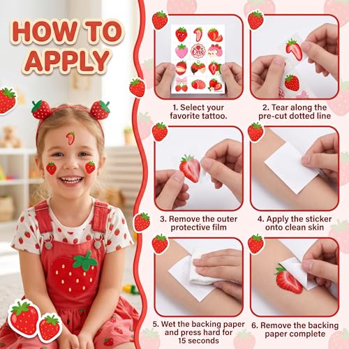 96 PCS Strawberry Temporary Tattoos for Kids | Waterproof