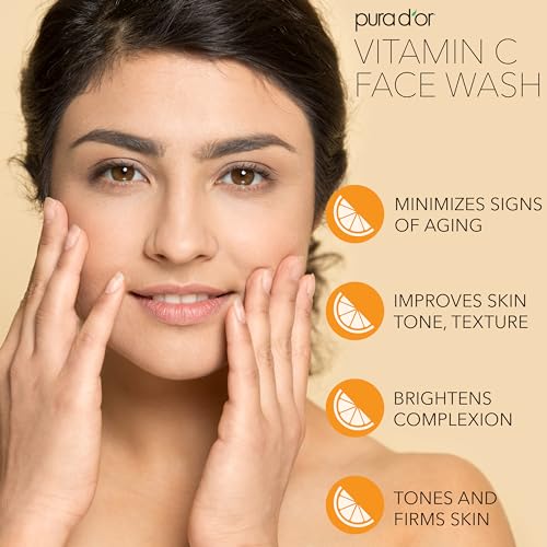 PURA D'OR 8 Oz Vitamin C Face Wash - Antioxidant Rich Brightening Facial Cleanser For Radiant Glow & Even Skin Tone - Gentle, Refreshing, Nurturing, Hydrating - Sulfate & Paraben Free - All Skin Types