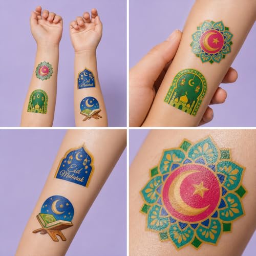 120 PCS Eid Mubarak Temporary Tattoos for Kids Party Favors