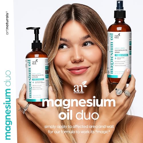 Artnaturals Magnesium Oil Spray 12oz + Body Lotion 8oz Set with Aloe Vera - Pure Topical Magnesium Chloride for Muscle Pain Relief, Sleep Support, Leg Cramps & Relaxation - Fast Absorbing