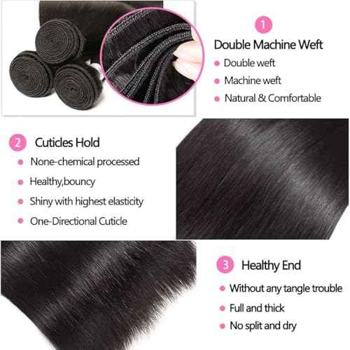Peruvian Virgin Hair Straight Hair 3 Bundles 12 14 16 Inch Human Hair Bundles 100% Unprocessed Remy Hair Extensions Raw Quick Weave Sew In Hair Bundles Double Wefts Nature Black Color