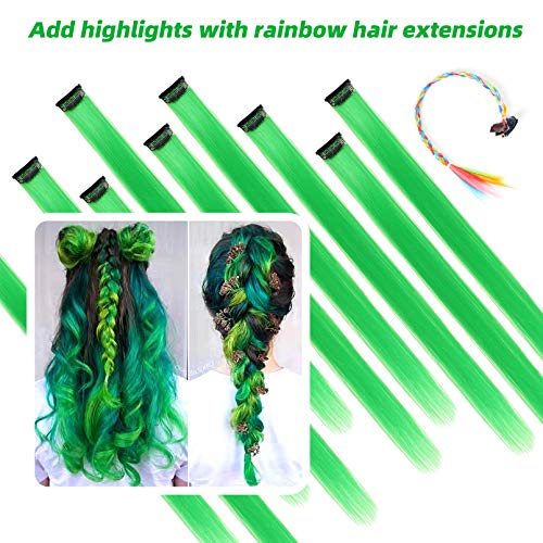 RINBOOOL Green Hair Extensions Clip in, 22 Inch 10 Pcs Long Straight Colored, for Kids Girls Women Highlight Party, Synthetic