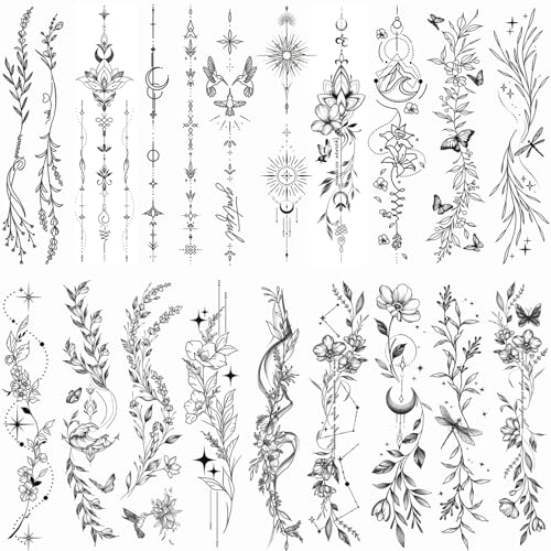 Tazimi Temporary Tattoos For Women Girls-24 Sheets Branch Flower Leaf Wild Plants Sketch Realistic Long-lasting Tattoo Stickers Waterproof Tattoo Sets for Arm Collarbone Leg Backbone Body Art